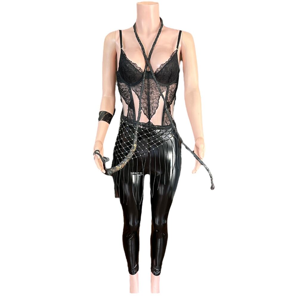 Sexy Love Island Snake Charmer 5-Piece Costume with Whip Dominatrix Size Small